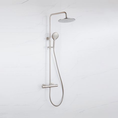 FugaFlow Eccelente Ensemble de douche de tête avec robinet thermostatique - douche de tête 25cm - flexible lisse - douchette ronde - Inox brossé PVD