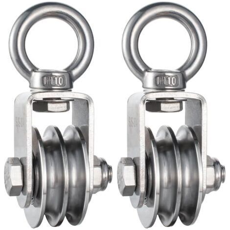 Heavy Duty Stainless Steel Cable Double Pulley with Internal Bearings, Swivel Single Pulley for Pulley Lift Systems, 1100 lb Capacity, (2 Pack) (1/5)