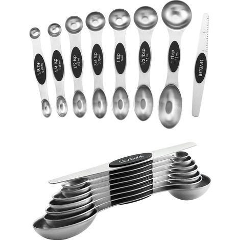 2 juegos de 8 cucharas medidoras magnéticas de acero inoxidable - Doble cara con nivelador, apilables para hornear y cocinar - Negro (1/5)