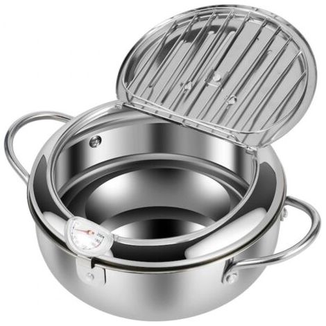 Padella in acciaio inox da 3,4 litri con scolapasta e termometro - Ideale per friggere, cucinare velocemente e pulire facilmente. (1/5)