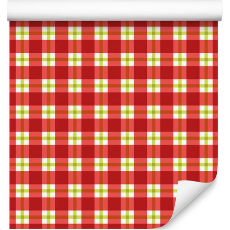 Papel pintado Vichy a cuadros rojos y crema para salón y dormitorio, 50x1000 cm. (1/5)