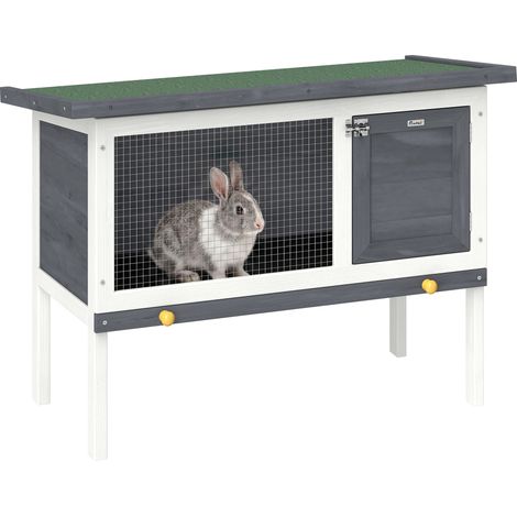 Clapier lapin extérieur - PawHut - toit ouvrable en asphalt et plateau coulissant, design surélevé - bois de pin - 90x45x65cm - gris (1/5)