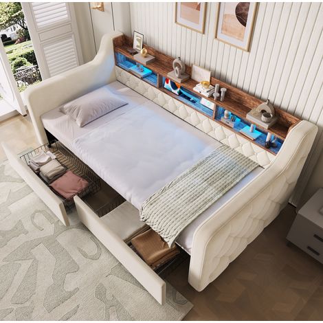 Cama 90x190 cm con almacenamiento, LED, USB y Type-C, 2 cajones, terciopelo beige DESVIAE (1/5)