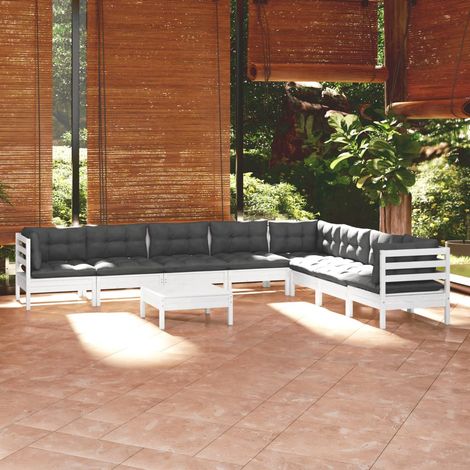 FIMEI Salon de jardin 9 pcs avec coussins Blanc Bois de pin solide (1/5)