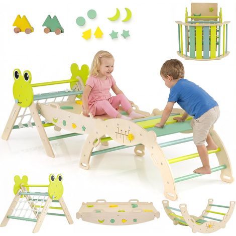 COSTWAY 7 in 1 Set da Arrampicata per Bambini, Giocattoli da Arrampicata in Legno con Rampa Scala e Arco, Gioco del Labirinto, Giochi Montessori per Bambini 1 Anni + (Rana 3 pezzi con rete, Verde) (1/5)