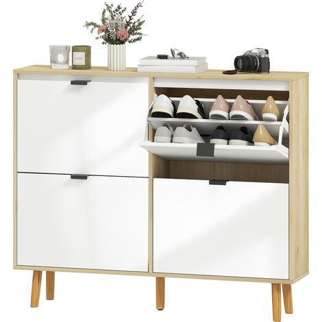 Chaussure étroite 4 portes blanc brillant étagères réglables pattes en bois pour 20 paires de chaussures 90x35x185 cm
