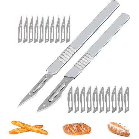 2+20 pcs Boulanger à Pain,Lame A Pain,Couteau À Pain,Lame a Pain en Acier Carbone,Outil de Notation du Pain,avec 20 Acier Inoxydable Lames,pour DIY Graver des Motifs de Pain,Pâte (1) (1/5)