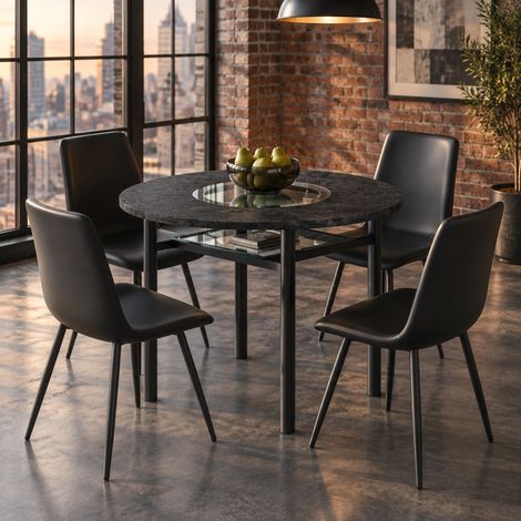 Essgruppe mit rundem Tisch Ø 100 cm und 4 Stühlen, MDF, Glas, Metall und PU, Schwarz, REDOM (1/5)