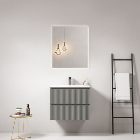 Mobile bagno sospeso cannettato 60 cm Grigio Londra Lavabo in Ceramica Specchio Quadro Retroilluminato - Fiji Paint