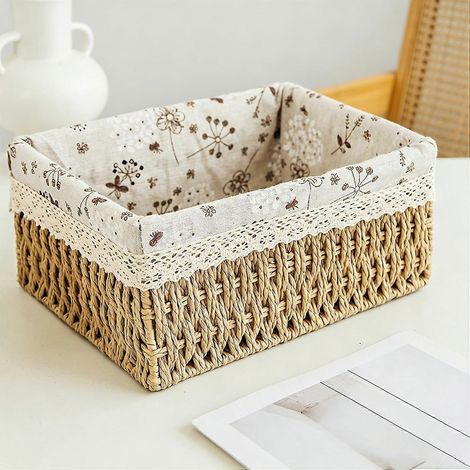 Panier de rangement bohème osier rotin tressé main doublure dentelle florale lin décoratif comptoir style ferme taille L pour placard (1/4)