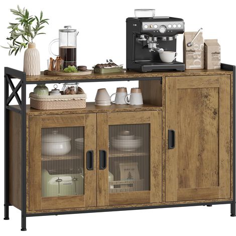 WOLTU Buffet de Cuisine sur Pieds, Meuble de Rangement à 3 Portes, en Bois + Métal, 110x33x75 cm, Chêne Brun (1/5)