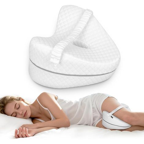 Kniekissen aus Memory-Schaum mit verstellbarem Gurt, 26 x 28 x 17 cm  Ergonomisches Beinkissen für Seitenschläfer, lindert Hüft-, Bein- und Knieschmerzen, Weiß (1/5)