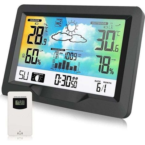 Station Météo sans Fil, Station Météo Radio avec Capteur Extérieur, Station Météo Radio Multifonction avec Humidité, Baromètre, Hygromètre, Prévisions Météo (1/4)