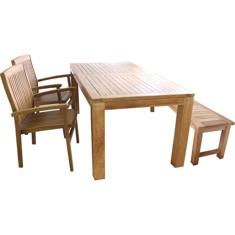 Teak Set für Terasse oder Esszimmer, 1xTH014 Tisch 180x90x75 + 1xBank NB41A + 2xNC72 Stapelsessel-MTH30 (1/3)