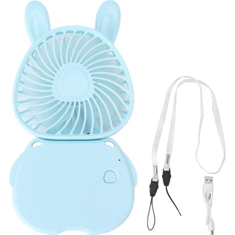 Ventilateur portable suspendu au cou pliable USB rechargeable mini ventilateur de bureau lapin mignon avec dragonne bleu extérieur (1/5)