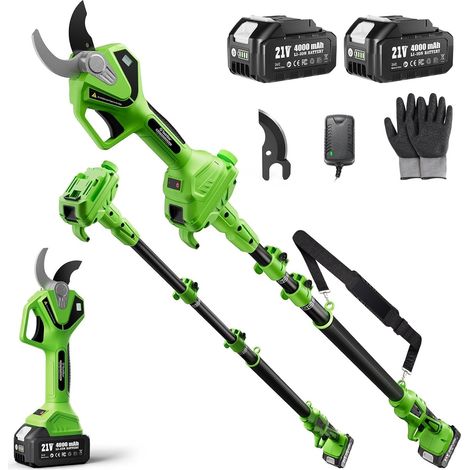 Sécateur Électrique Télescopique: 2-en-1 Sécateur de Jardin avec Perche - Moteur Sans Balais, 2X Batteries 4,0Ah, Lame SK5 Supplémentaire, 2 Modes, Coupe 40mm pour Arbres (1/5)