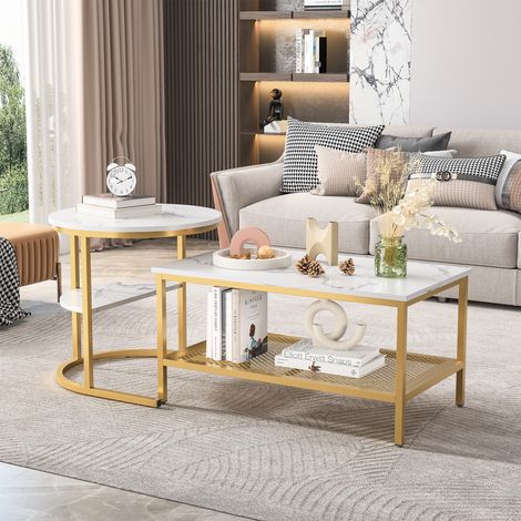 Lot de 2 tables basses gigognes rectangulaires et rondes amovibles avec faux marbre blanc, cadre en métal noir robuste, tables empilables modernes pour salon et chambre à coucher (doré) (1/5)