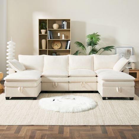 Modulares Ecksofa 280x151x82 cm Beige Cord mit Stauraum, USB-Anschlüssen, Getränkehaltern und 2 Hockern (1/5)