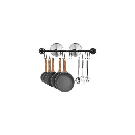 Barre de Cuisine Industrielle, 80 cm Porte Casserole Mural Cuisine, Support de Pot en Fer avec 14 Crochets pour Ustensiles, Poêlés
