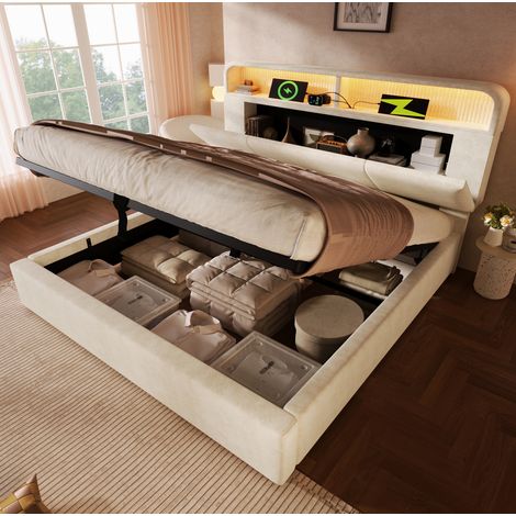 MEUBLIV Cama 140x200 cm beige con cabecero con almacenaje, LED y USB/Type-C, sin colchón (1/5)
