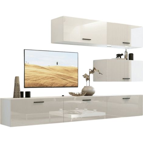 Set di mobili da soggiorno bianchi sospesi collezione CEPTO XXV. 249cm, 6 pezzi, led, modulari. (1/4)