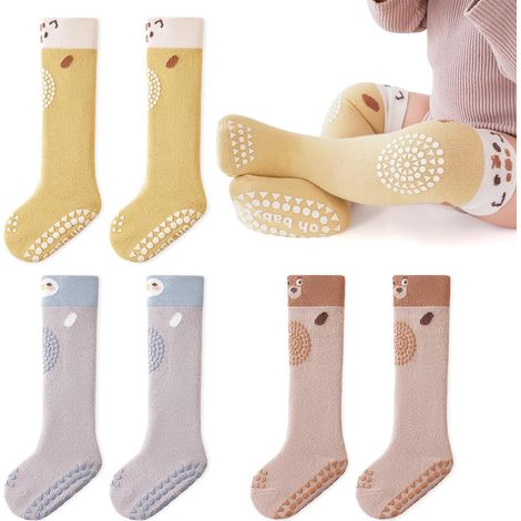 Pack of 3 pairs of children's non-slip socks - Cotton - Knee length - Animal print - Non-slip sports socks for boys and girls aged 0 to 12 months (1/5)