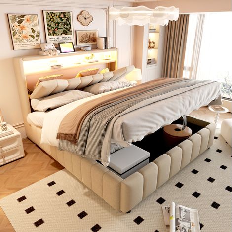 Letto contenitore 140x200 beige con LED e USB, salvaspazio, senza materasso - MEUBLIV (1/4)
