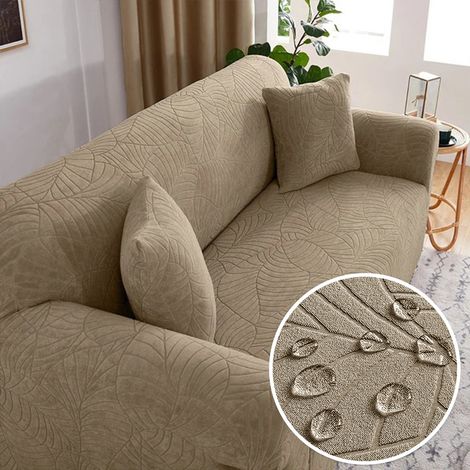 Ausziehbarer 100 % wasserabweisender Sofaschoner mit tropischen Blattmotiv, Sandfarbe, für 4-Sitzer Sofa (235–300 cm), ohne Sitz- oder Kissenbezüge