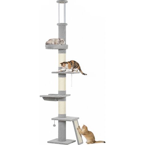Griffoir de plafond pour chat, hauteur réglable de 230 à 260 cm, 3 poteaux à griffer, hamac, peluche, gris clair (1/5)