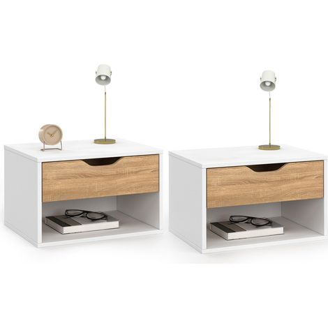 Set di 2 comodini a parete a 1 cassetto CATHY con nicchia in faggio bianco