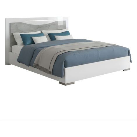 Lit 140x190cm avec ruban led sur tête de lit laqué blanc et imitation marbre - GENESIS