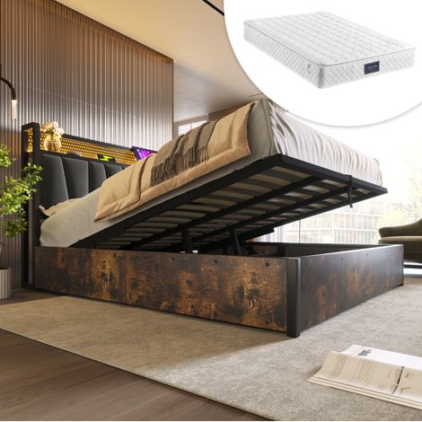 Letto contenitore in tessuto lino grigio 160x200 cm con LED RGBW, prese USB, rete a doghe e materasso incluso (1/5)
