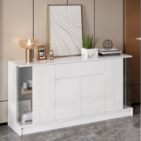 Buffet 150x40x75 cm en panneau de particules blanc, vitrines LED et rangement pour salon – MEUBLIV (1/5)