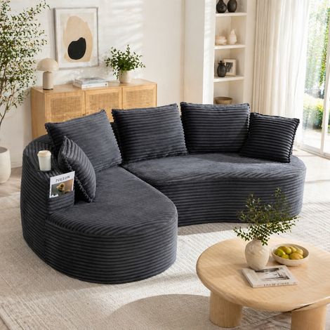 Canapé Arrondi en Velours Côtelé 250x152 cm avec Porte-Gobelets et Poche de Rangement, Assise Mousse Haute Densité pour Salon Moderne (1/5)