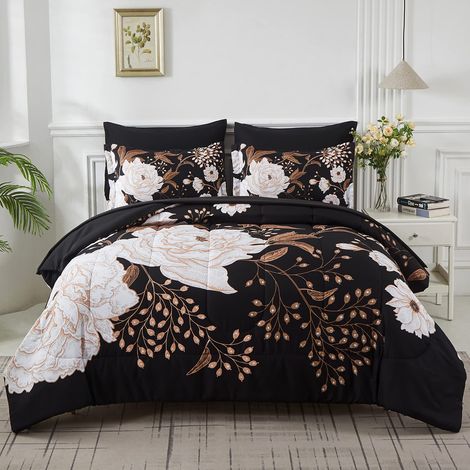 Parure de lit 7 pièces Bed in a Bag – Parure de lit à Motif Floral botanique, Feuilles Blanches imprimées sur Un Design réversible Noir, Couette en Microfibre Douce avec Parure de lit, Toutes (1/5)