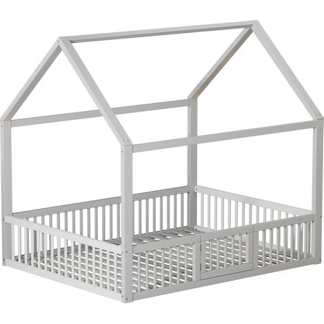 Lit en bois massif 140200 cm, lit double, lit plat, lit cabane avec petite porte, blanc (1/5)