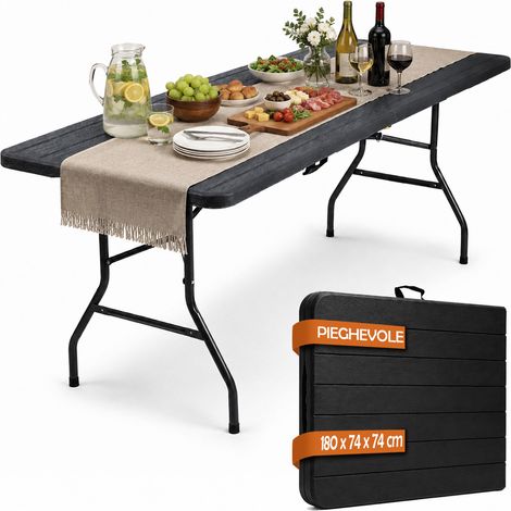 Tavolo Pieghevole Nero Effetto Legno Resistente Tavolino da Esterno 180x74x74cm (1/5)