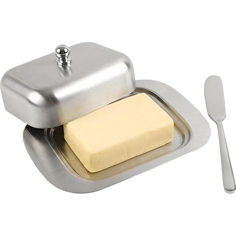 Beurrier en acier inoxydable avec couvercle et spatule, passe au lave-vaisselle, beurrier pour réfrigérateur et table, beurrier pour beurre, desserts et fruits (argent) (1/5)