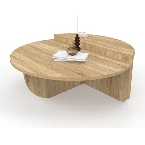 Idmarket – Lot de 2 tables basses rondes GUILIA – Plateau double niveau en bois mélaminé – Dimensions 90x90x35cm – Design asymétrique moderne