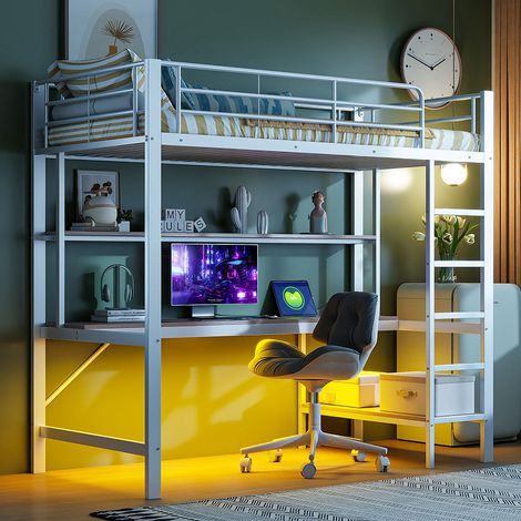 Lit superposé 90x200 cm avec USB et prises électriques, éclairage LED, bureau, métal - Blanc (1/5)