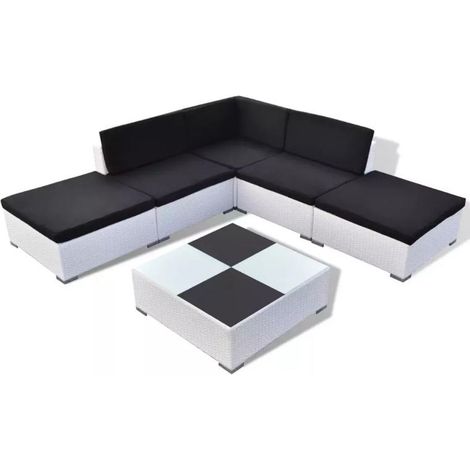 Salon de jardin 6 pièces résine tressée blanc coussins noir Kim (1/3)