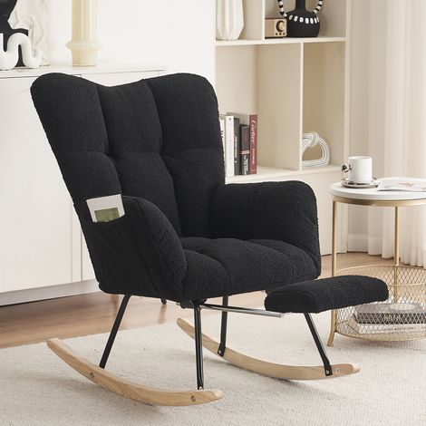 Rocking chair en tissu Teddy noir avec repose-pieds pliable, 80 x 98 x 98,5 cm (1/5)