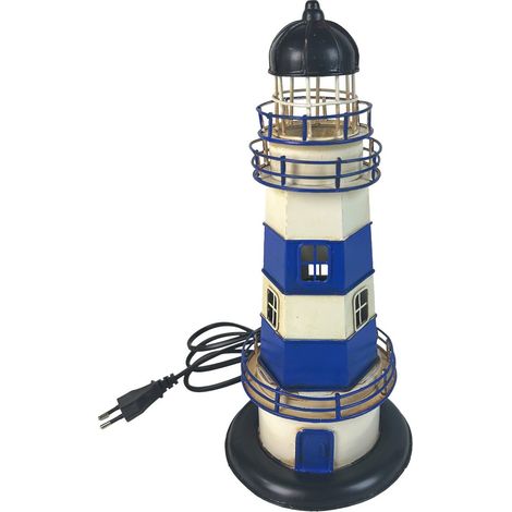 Lámpara de mesa faro marinero de metal blanco y azul 31 cm (1/5)