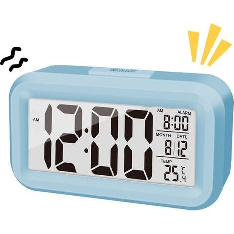 Longziming – Digitaler Wecker mit großem LCD-Display – Kalender, Temperaturanzeige, 12-/24-Stunden-Anzeige, Nachtlicht und Schlummerfunktion – Kompakt, leise und tragbar – Batteriebetrieben – Blau (1/5)