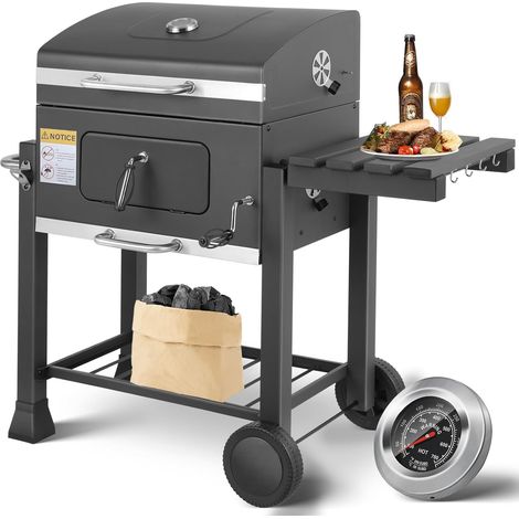Tlgreen – Barbecue charbon de bois XXL avec couvercle – Étagère latérale pliable – Thermomètre intégré – Évents réglables – 116,3 x 105,5 x 55,7 cm