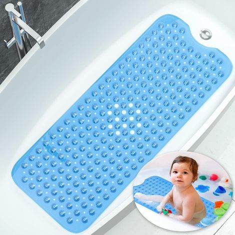 Non-slip bathroom mat, 100x40 cm, extra long and durable (blue), safe and non-slip, antibacterial design, with strong suction cups