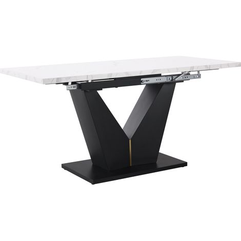 Tavolo da pranzo allungabile 99-159x75x75 cm in MDF bianco con base a V e guide metalliche (1/5)