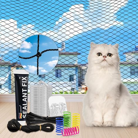 Filet de Protection pour Chat Balcon sans Percer, 3×4M / 3×6M / 3×8M Filet Chat Balcon, Filet Sécurité Anti avec Crochets Adhésifs, Silicone (1/5)