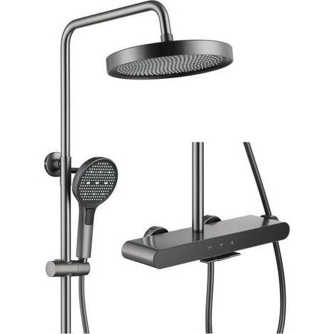 3-function shower column, grey wall-mounted shower system with round shower head, 3-jet shower head and waterfall bath spout. (1/5)