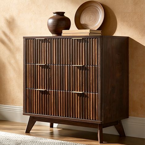 Commode chambre 3 Tiroirs Style Fluté 32" Haute, Commode bois avec Plateau Faux Marbre & Profil Courbé, Organisateur de Rangement pour Chambre, Salon & Couloir - Panneau de Particules Dark Walnut
